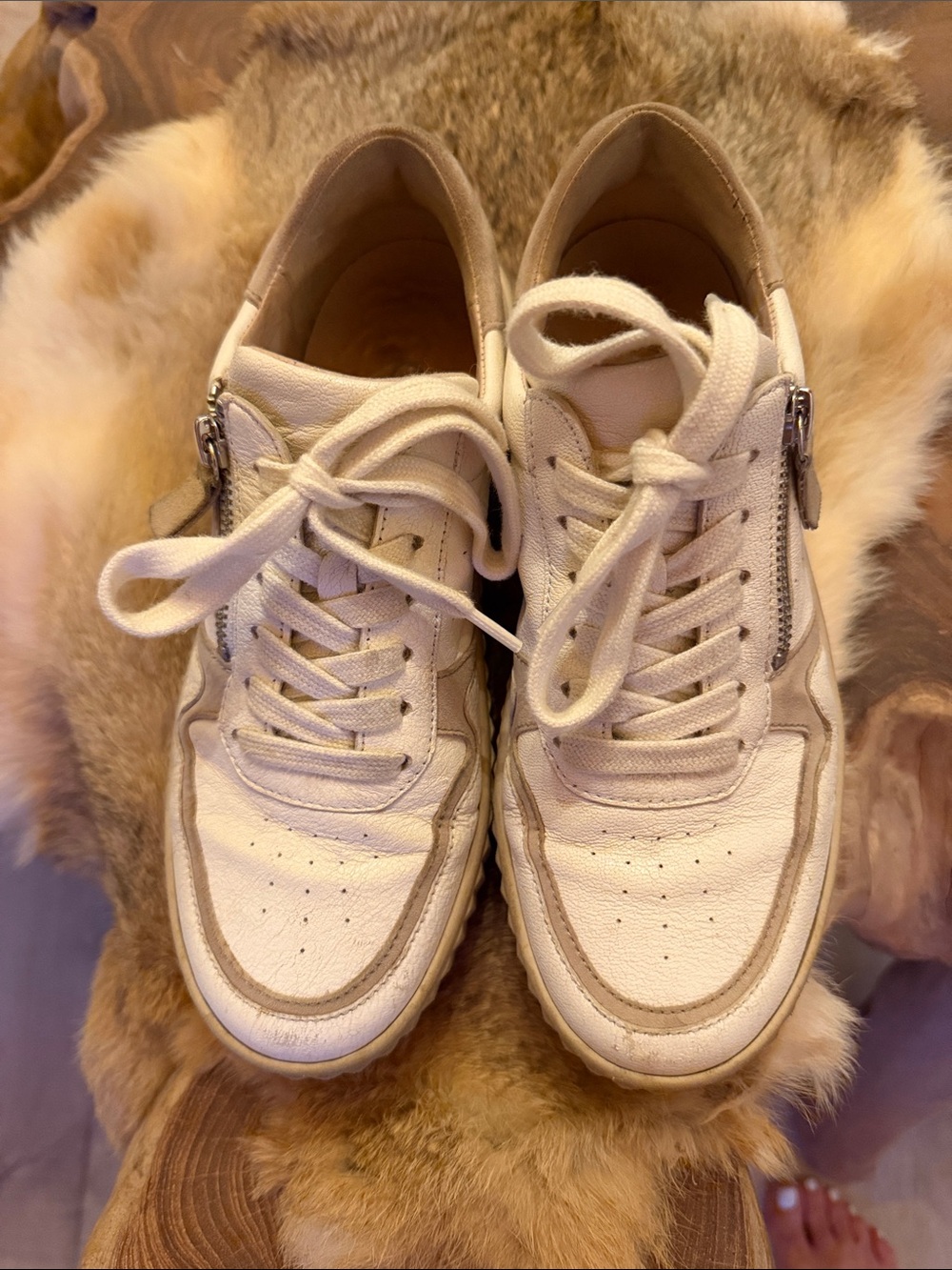 Gabor White Cream Leather Lace-Up Sneakers with Side Zip